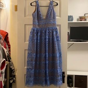 Blue lace asymmetrical midi dress